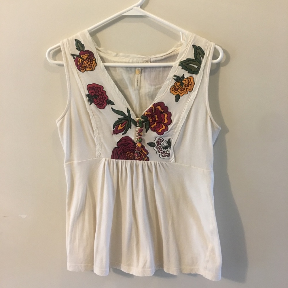 Anthro Little Yellow Button Embroidered Tank Top
